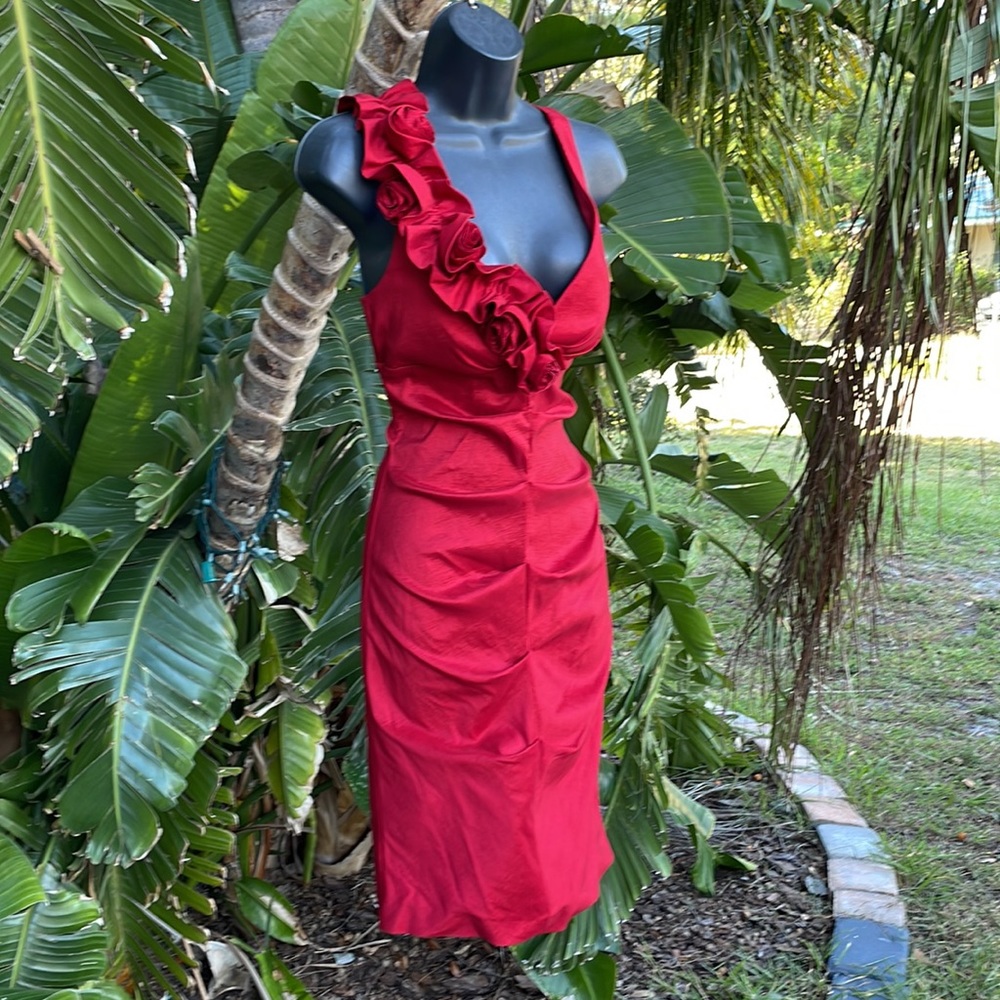 Xscape satin ruched column dress with Rosette